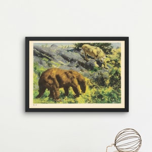 1960 SMILODON vs NOTHROTHERIUM Print - Prehistoric Animals Print - Paleoart - Sabre-Toothed Tiger - 63 Years Old - 13.5 x 9.75 Inches