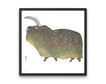 1974 INUIT ART - "Umingmuk" - Pudlo / Luktak - Eskimo Wall Art - Inuit Folk Art - Native Canadian Art - 9.8 x 9.8 Inches