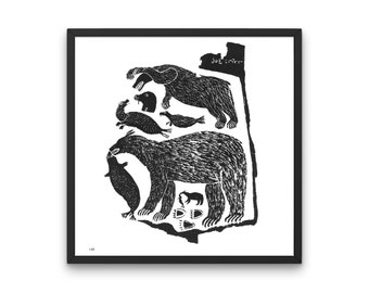 1974 INUIT ART - "Bears eating" - Talirunilik - Eskimo Wall Art - Arte popolare Inuit - Arte nativa canadese - 9,8 x 9,8 pollici