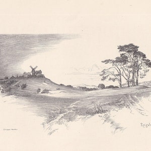 May include: A black and white pencil drawing of a landscape with a windmill on a hill in the distance and trees in the foreground. The drawing is titled "Ryegate Heath."