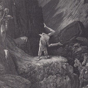 1870 GUSTAVE DORE Print - "The Antics of Don Quixote" - Dore Wall Art - Antique Dore Engraving - 8.5 x 12.8 Inches