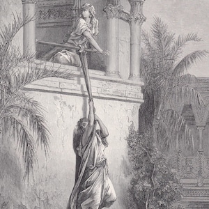 1870 GUSTAVE DORE Druck - "Die Flucht Davids durch das Fenster" - Dore Wandkunst - Antike Dore Gravur - 22 x 32 cm."