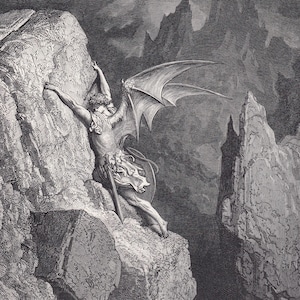 Grabado de Gustave Dore (1870): &quot;La huida de Satanás a través del caos&quot; - Arte mural de Dore - Grabado antiguo de Dore - 21,5 x 31,8 cm