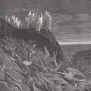 Grabado de Gustave Dore de 1870: &quot;La guerra en el cielo&quot; - Arte mural de Dore - Grabado antiguo de Dore - 21,5 x 31,8 cm