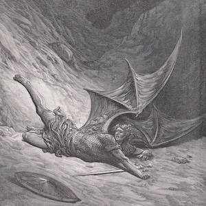 1870 GUSTAVE DORE Print - &quot;Satan Smitten by Michael&quot; - Dore Wall Art - Antique Dore Engraving - 8.5 x 12.8 Inches