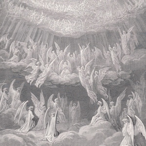 1870 GUSTAVE DORE Print - &quot;The Heavenly Choir&quot; - Dore Wall Art - Antique Dore Engraving - 8.5 x 12.8 Inches