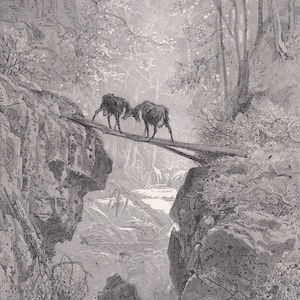 1870 GUSTAVE DORE Print - &quot;The Two Goats&quot; - Dore Wall Art - Antique Dore Engraving - 8.5 x 12.8 Inches