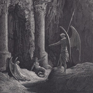 Grabado de Gustave Dore de 1870: &quot;Satanás a las puertas del infierno&quot; - Arte mural de Dore - Grabado antiguo de Dore - 21,5 x 31,1 cm