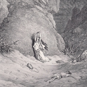Grabado de Gustave Doré (1870): &quot;Agar e Ismael en el desierto&quot; - Arte mural de Doré - Grabado antiguo de Doré - 21,5 x 31,8 cm