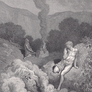 1870 GUSTAVE DORE Druck - "Kain und Abel mit ihren Opfern" - Dore Wandkunst - Antike Dore Gravur - 22 x 32 cm."