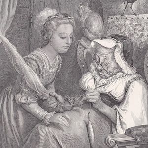 Grabado de Gustave Dore de 1870: &quot;La princesa y el hada Spite&quot; - Arte mural de Dore - Grabado antiguo de Dore - 21,5 x 31,8 cm