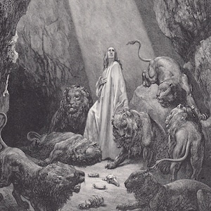 1870 GUSTAVE DORE Druck - "Daniel in der Löwenhöhle" - Dore Wandkunst - Antike Dore Gravur - 22 x 32 cm."