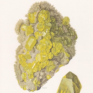 Wydruk z siarką z 1968 r. – mineralny prezent ścienny – wystrój mineralogiczny – kamienie szlachetne – sztuka naskalna w stylu vintage – wydruk elementów – 7,5 x 10,6 cala