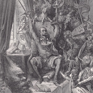 1870 GUSTAVE DORE Druck - "Don Quijote In Seiner Bibliothek" - Dore Wandkunst - Antike Dore Gravur - 22 x 32 cm."
