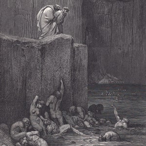 Grabado de Gustave Doré (1870): &quot;El castigo de los aduladores&quot; - Dante - Arte mural de Doré - Grabado antiguo de Doré - 21,5 x 31,8 cm