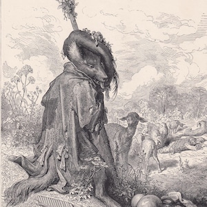 1870 GUSTAVE DORE Print - "The Wolf Turned Shepherd" - Dore Wall Art - Antique Dore Engraving - 8.5 x 12.8 Inches