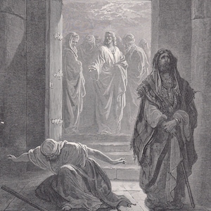 1870 GUSTAVE DORE Print - &quot;The Pharisee and the Publican&quot; - Dore Wall Art - Dore Engraving - 8.5 x 12.8 Inches