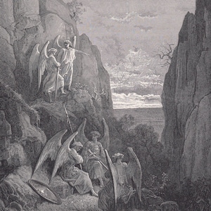 Grabado de Gustave Doré de 1870: &quot;La carga de Ariel a Gabriel&quot; - Ángel - Arte mural de Doré - Grabado antiguo de Doré - 8,5 x 12,2 pulgadas
