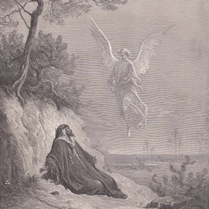 1870 GUSTAVE DORE Print - &quot;Elijah Nourished by an Angel&quot; - Dore Wall Art - Dore Engraving - 8.5 x 12.8 Inches