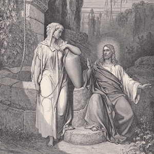 1870 GUSTAVE DORE Print - &quot;Jesus and the Woman of Samaria&quot; - Dore Wall Art - Antique Dore Engraving - 8.5 x 12.8 Inches