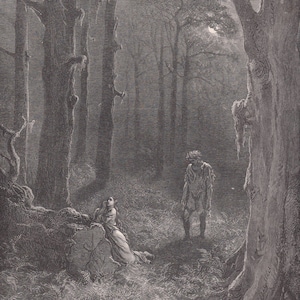 1870 GUSTAVE DORE Print - &quot;The Lovers in the Moonlit Forest&quot; - Dore Wall Art - Dore Engraving - 8.5 x 12.8 Inches