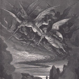 Impression GUSTAVE DORE de 1870 - « Les anges déchus sur l'aile » - Art mural Dore - Gravure Dore antique - 8,5 x 12,2 pouces