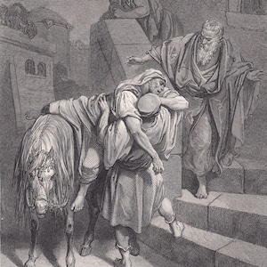 1870 GUSTAVE DORE Print - "Arrival of the Good Samaritan at the Inn" - Dore Wall Art - Antique Dore Engraving - 8.5 x 12.8 Inches