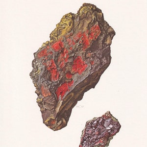 Druk z 1968 roku „CYNOBAR” – mineralny prezent ścienny – dekoracja mineralogiczna – kamienie szlachetne – sztuka naskalna w stylu vintage – element – 7,5 x 10,6 cala