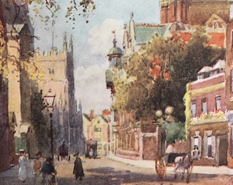 1907 CAMBRIDGE - TRUMPINGTON STREET From Peterhouse - William Mathison Painting - Cambridge University - Cambridge Painting - 116 Years Old