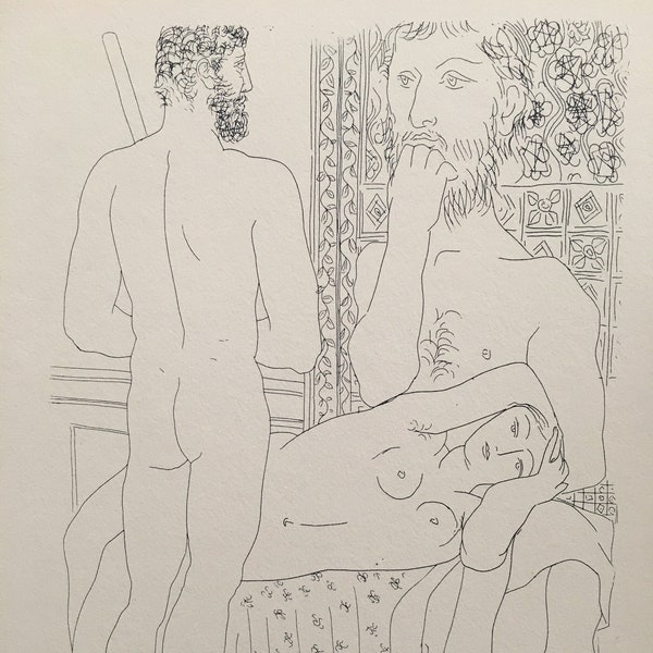 1956 Estampe PICASSO - SUITE VOLLARD - « Mars 1933 : sculpteur assis, modèle couché et statue d'homme » - oeuvre d'art murale Picasso - 27 x 23 cm