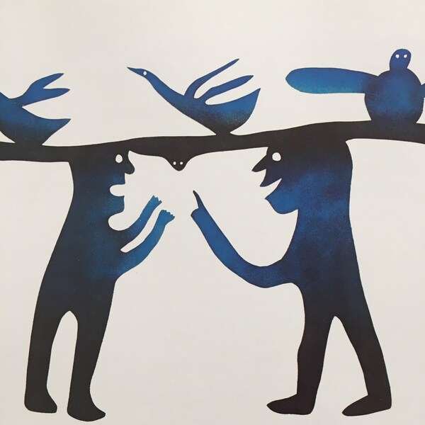 1974 INUIT ART - "Two men discussing coming hunt" - Kavavook / Eliyah - Eskimo Wall Art - Inuit Folk Art - Native Canadian Art