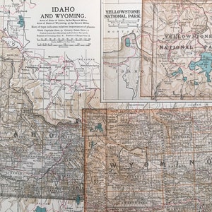 Grande carte de l'IDAHO et du WYOMING, 1903, médaillon de Yellowstone - carte des États-Unis - carte de l'Amérique - cartographie américaine - art mural carte - 120 ans