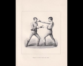 Grabado de boxeo de 1890 - ¡Alto con la izquierda! - Regalo para boxeadores - Grabado antiguo de boxeo - Arte mural de boxeo - Deporte - 5,25 x 7,25 pulgadas