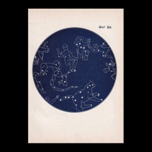 May include: A rectangular print featuring a circular dark blue celestial map labelled Map 25. The map displays white line drawings of various constellations, including human figures and animals, connected by small white star icons.
