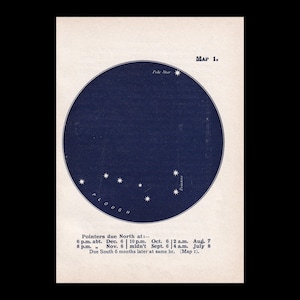 May include: A vintage-style astronomical chart titled Map 1, featuring a dark blue circular field with white star constellations. The text includes Pole Star, Plough, and Pointers, with a schedule of dates and times for celestial observation.
