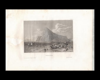Kunstdruck „Felsen von Gibraltar“ von 1836 – Antiker Stahlstich – Wandbild für Reisende – 19. Jahrhundert – 26,7 x 18,4 cm