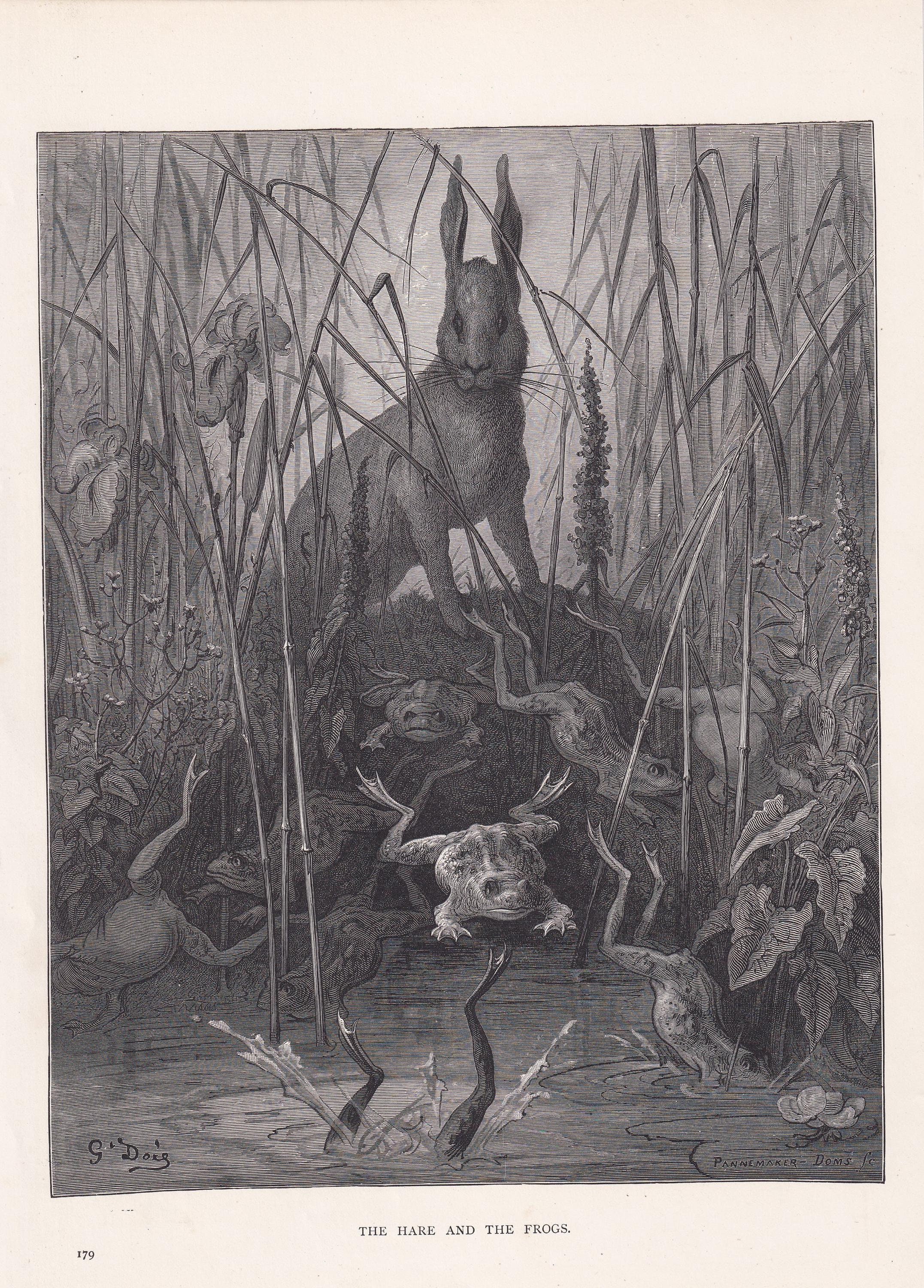 1870 GUSTAVE DORE Print - "The Hare and the Frogs" - Dore Wall Art - Dore Engraving - 8.5 x 12.8 Inches