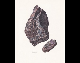 May include: A scientific illustration of two Germanite mineral specimens. The larger, irregular rock is dark reddish-brown with metallic blue highlights. A smaller, similar fragment sits below it. The text GERMANITE is printed below.