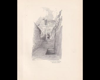 1929 FARNHAM CASTLE STAIRWAY - Antique Surrey Print - Surrey Drawing - Surrey Wall Art - Surrey Gift Idea - 10.15 x 7.25 Inches