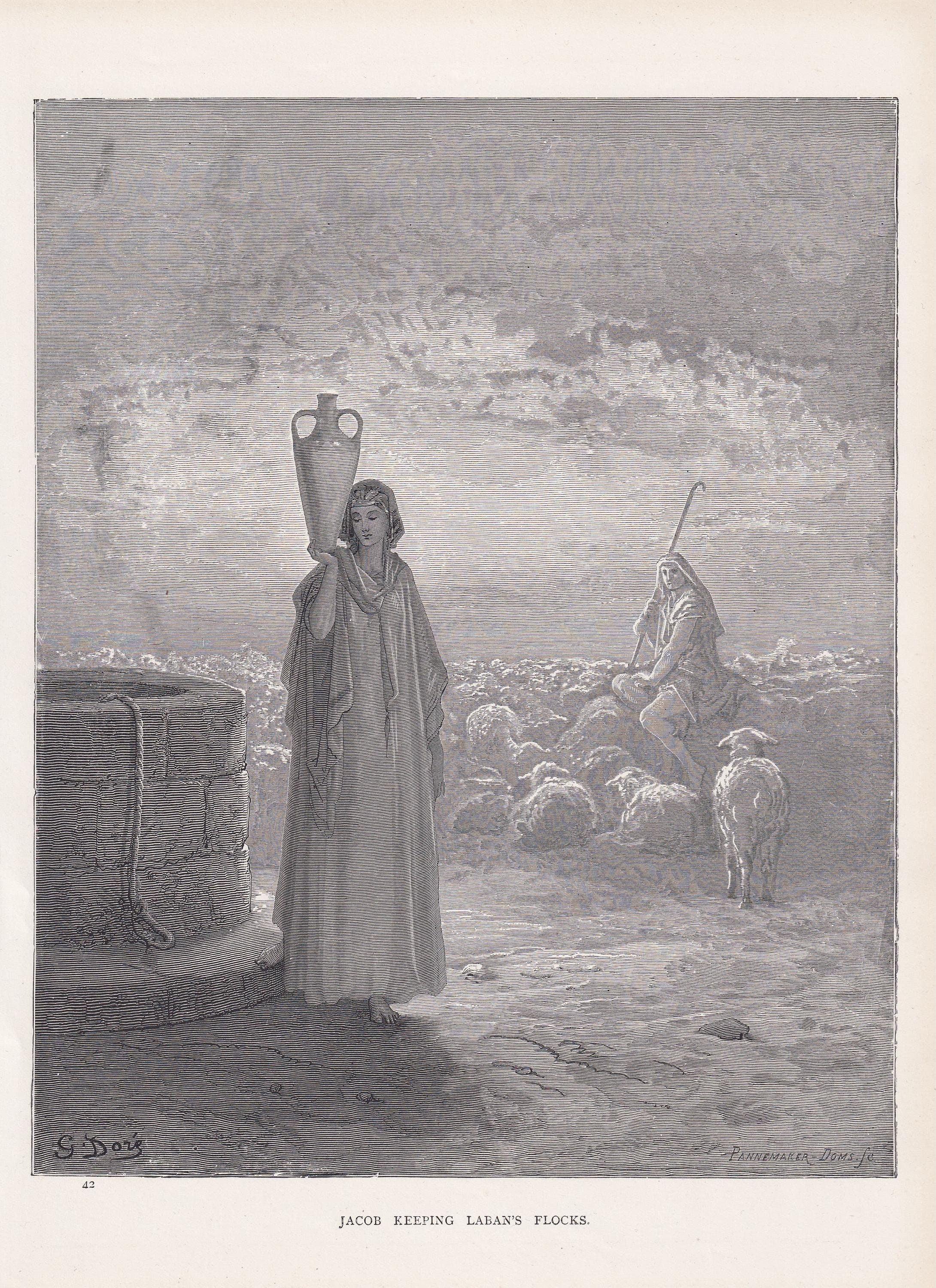 1870年 ギュスターヴ・ドレ 版画 - 「ラバンの羊の群れを守るヤコブ