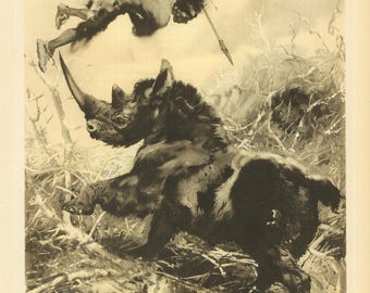 Large 1960 CAVEMAN Vs WOOLY RHINO Print - Prehistoric Man Print