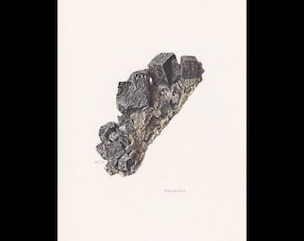 May include: A vintage-style scientific illustration of a Perovskite mineral specimen. The artwork depicts dark, cubic, metallic-looking crystals clustered on a textured, light-colored rocky matrix. The text 19 C 67 and Perovskite are visible.