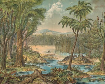 Large 1878 DINOSAUR Print - Carboniferous Period - Antique