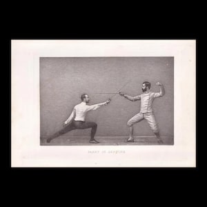 May include: A black and white vintage print showing two fencers in a lunge position, one performing a parry in septime. The fencers wear white jackets and trousers, holding foils. The text below the figures reads PARRY IN SEPTIME.