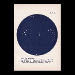 May include: A vintage-style astronomical star chart titled Map 3, featuring a dark blue circular sky map on a cream background. It displays constellations including Cassiopeia, the Plough, Capella, and Pole Star, with text detailing Vega due North.