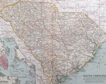Grande carte de la Caroline du Sud, 1903, encadré de Charleston - carte des États-Unis - carte de l'Amérique - cartographie américaine - art mural carte - 120 ans