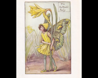 Small 1923 FLOWER FAIRY Print - The Daffodil Fairy - Vintage Floral Wall Art - Nursery Kids Art - 5.5 x 4 Inches
