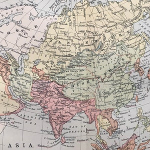 1905年アジア地図 - インド、中国のアンティーク地図 - 地図作成 - 地図ウォールアート - オリジナルアンティークプリント - 115年以上前のもの