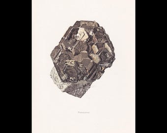 May include: A detailed scientific illustration of a pyrrhotite mineral specimen. The cluster features dark, metallic, hexagonal-shaped crystals with bronze and grey tones, resting on a textured, lighter-colored rocky base. The text Pyrrhotite is printed below.