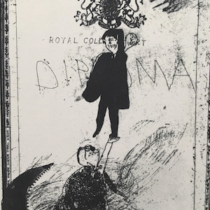 May include: A black and white print featuring a royal crest above the text ROYAL COLLEGE OF ART and DIPLOMA. The illustration depicts a figure in a cape being lifted by another person, with additional scribbled text and abstract ink textures.